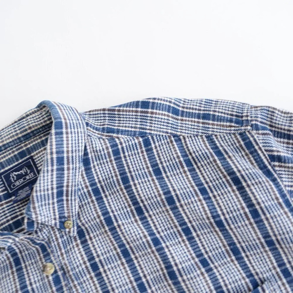 Vintage Cherokee Blue White Brown Checker Thick 100% Cotton Button Up Shirt - Picture 11 of 13